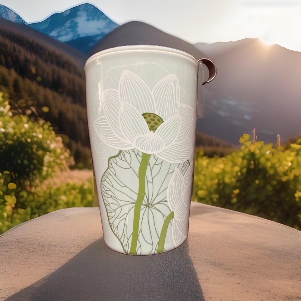 Tea Forte Kati Lotus Double Walled Ceramic Steeping Cup w/ lid & Infuser 12 Oz